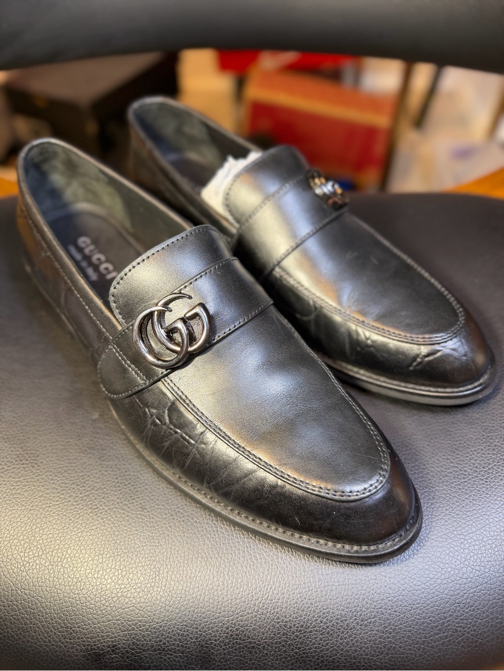 Gucci Black Leather Double G Penny Loafers Sz 8.5-9